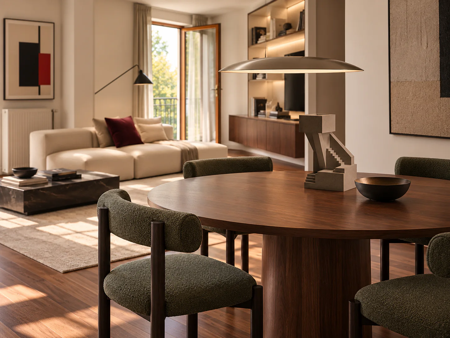Elegantes Esszimmer mit skulpturalem Mittelpunkt