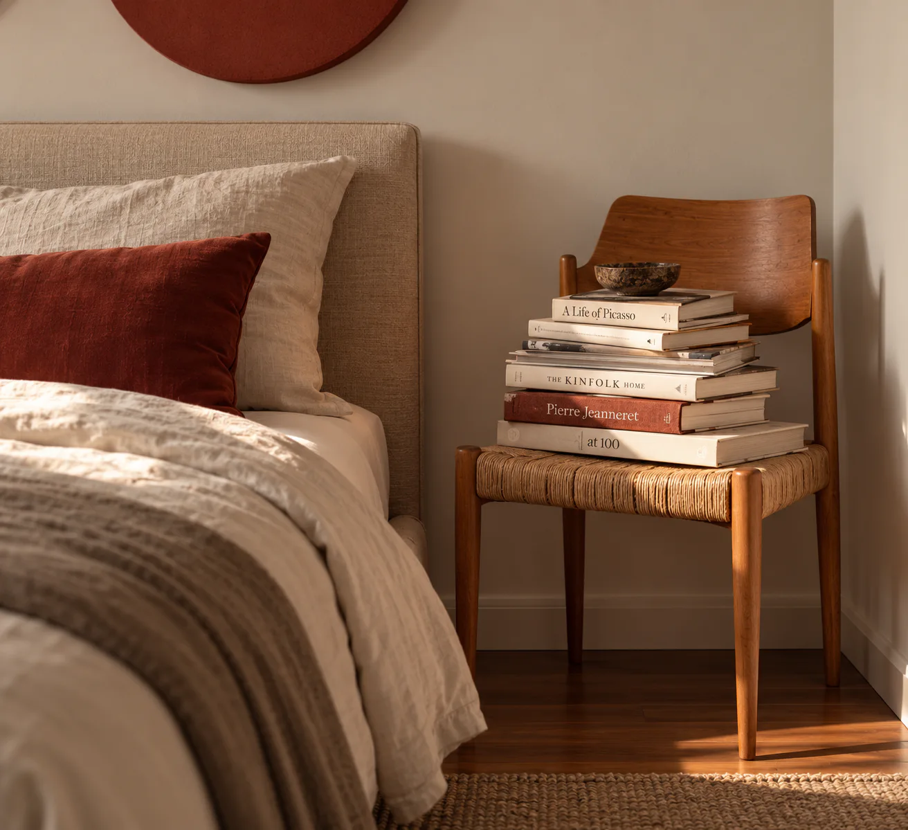 Skandinavische Leseecke mit Bücherstapel